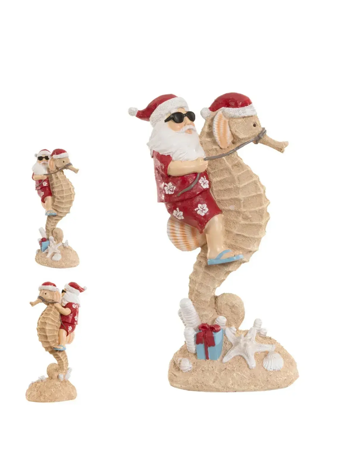 Papai Noel e Cavalo Marinho em Resina Vermelho