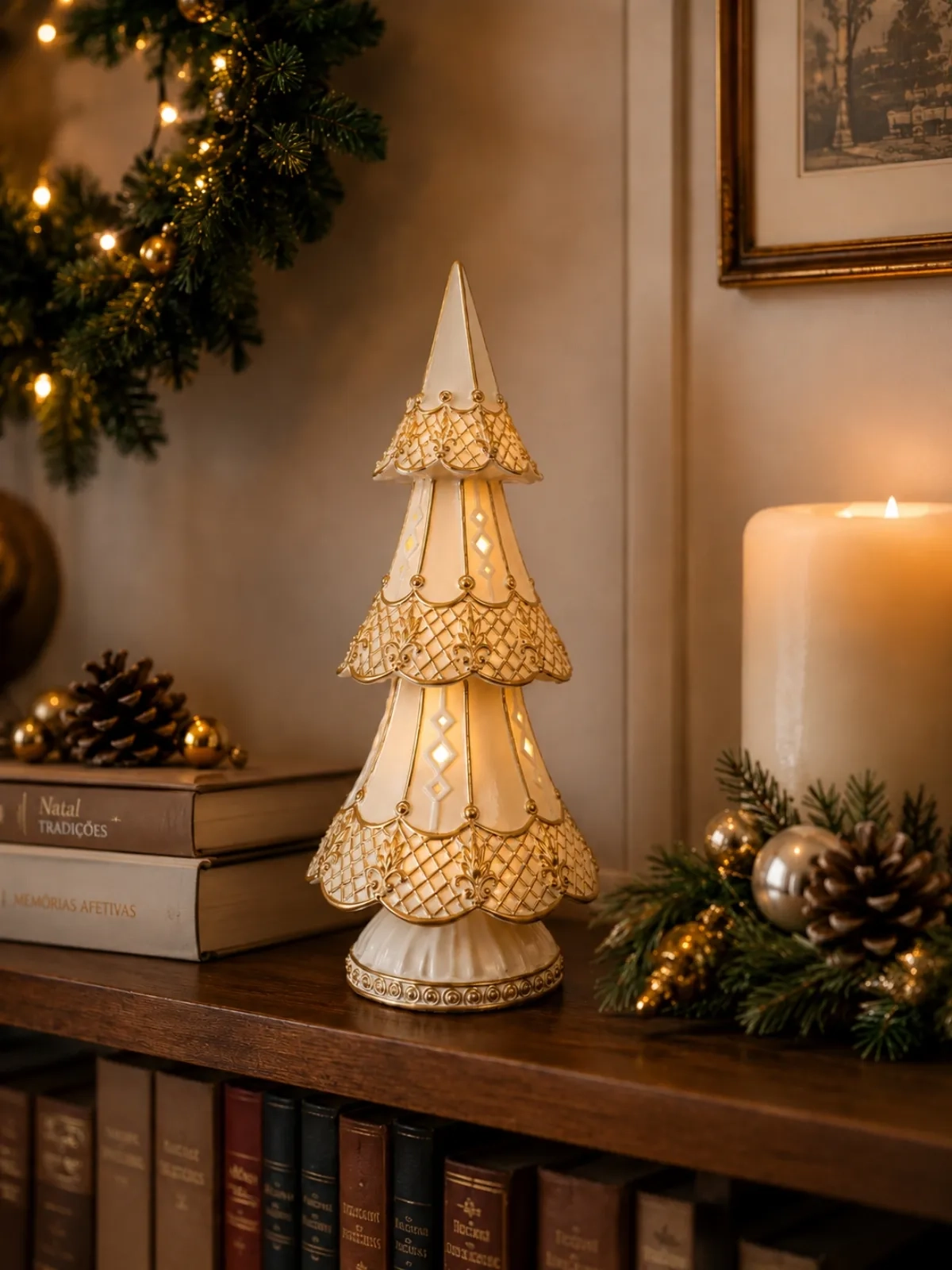 Árvore de Natal com Led em Resina Dourado/Champagne