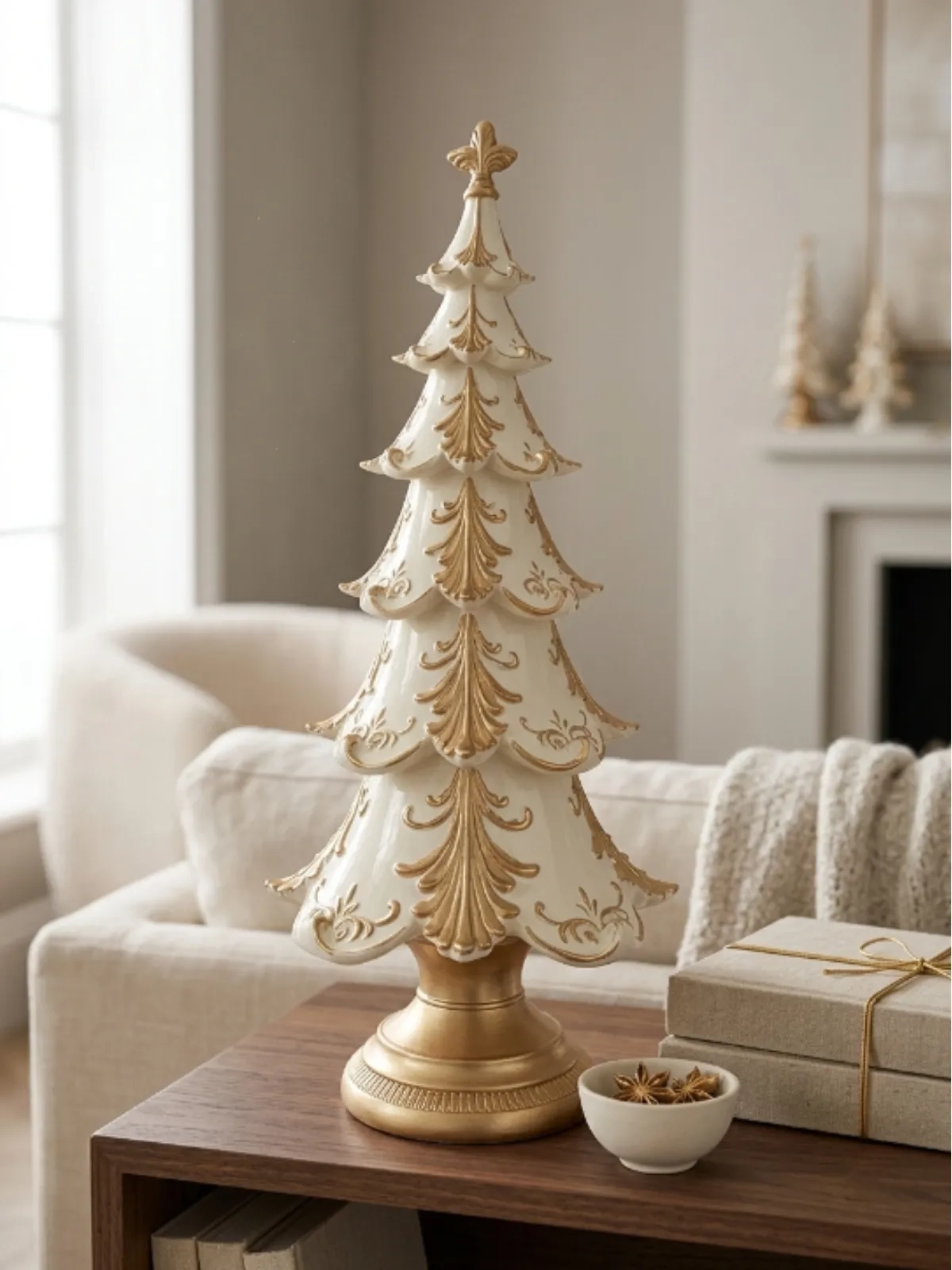 Árvore de Natal com Relevos Ornamentais em Resina Dourado/Champagne