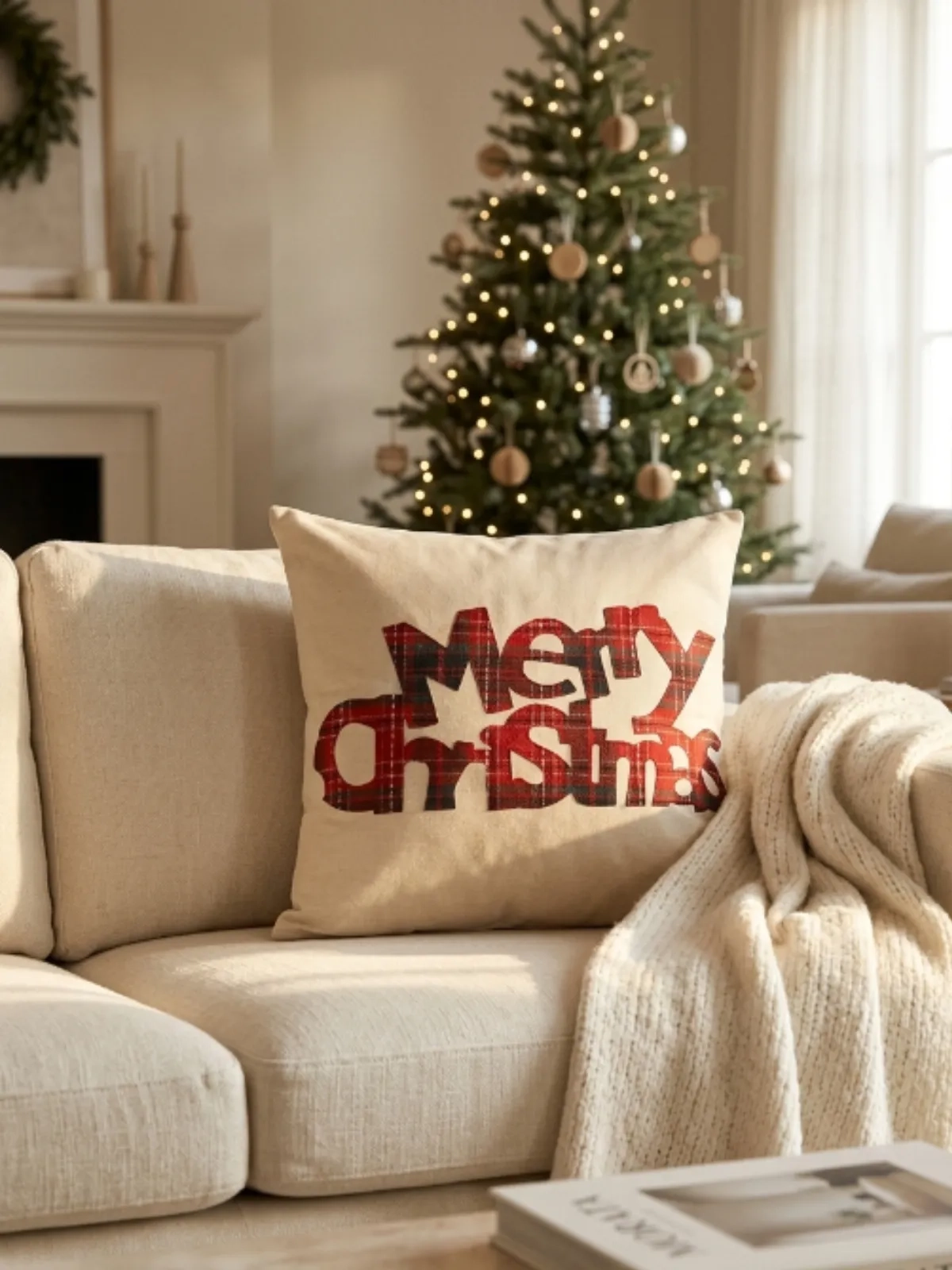 Capa de Almofada Natalina Merry Cristhmas de Tecido Branco/Xadrez