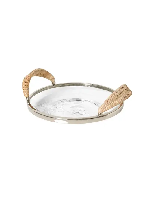 Bandeja Vidro com Alca Rattan 27cm