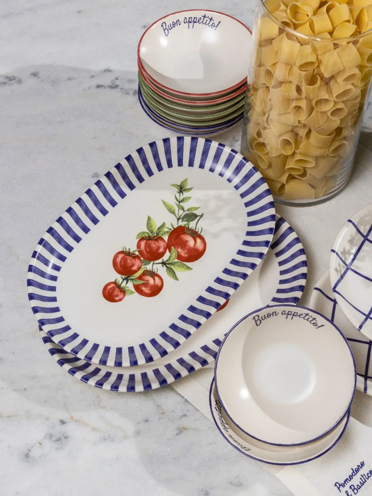 Travessa Aquarelle Listras Pomodoro e Basilico Azul/Branco