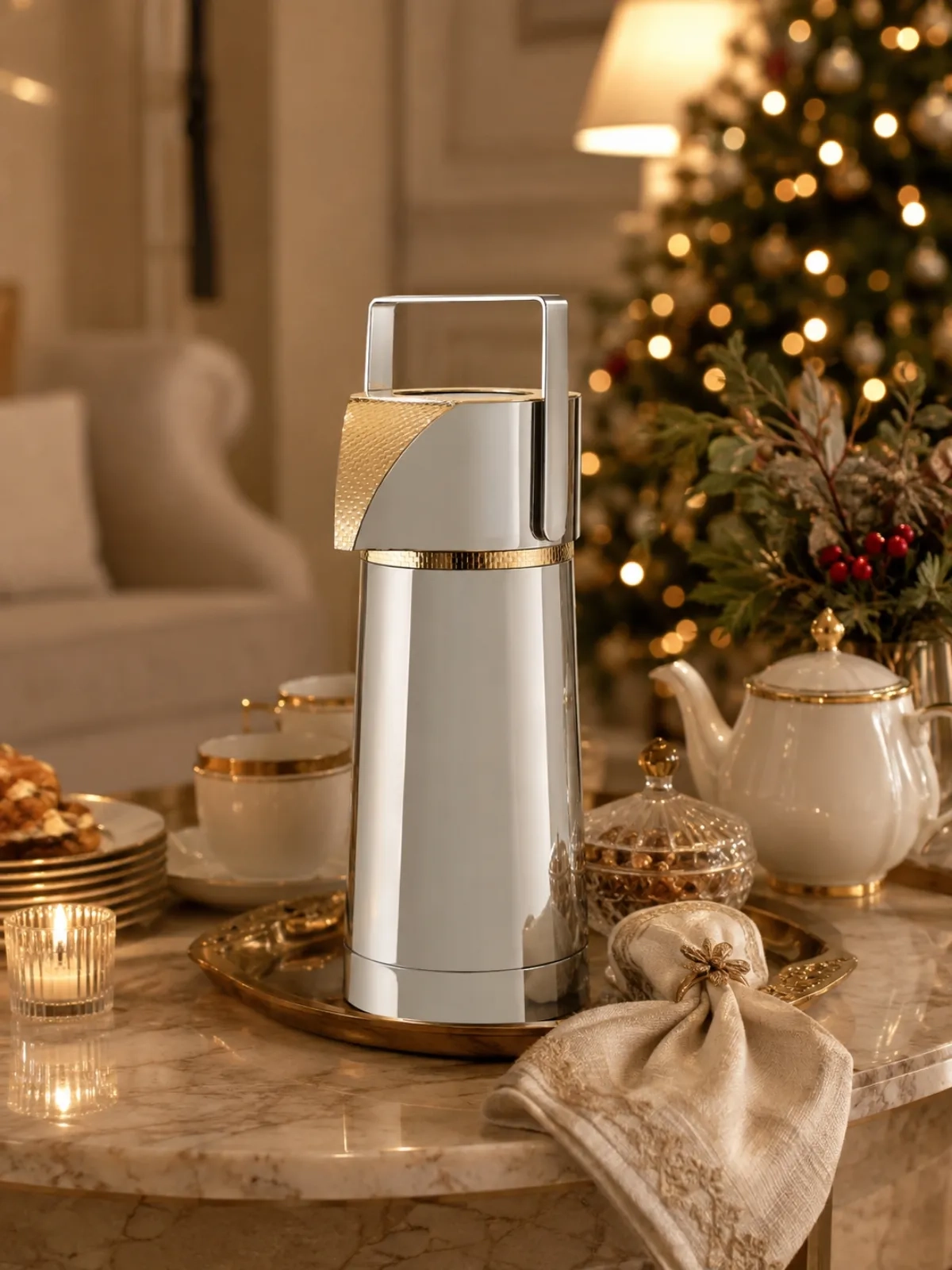 Garrafa Térmica Pump com Ampola 1.0L Inox com Detalhes em Ouro 24k - Riva 