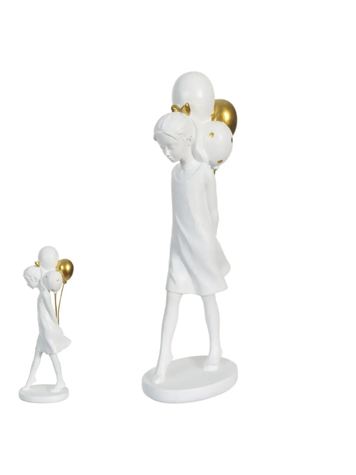 Escultura Decorativa Poliresina Menina Balões Branco/Dourado