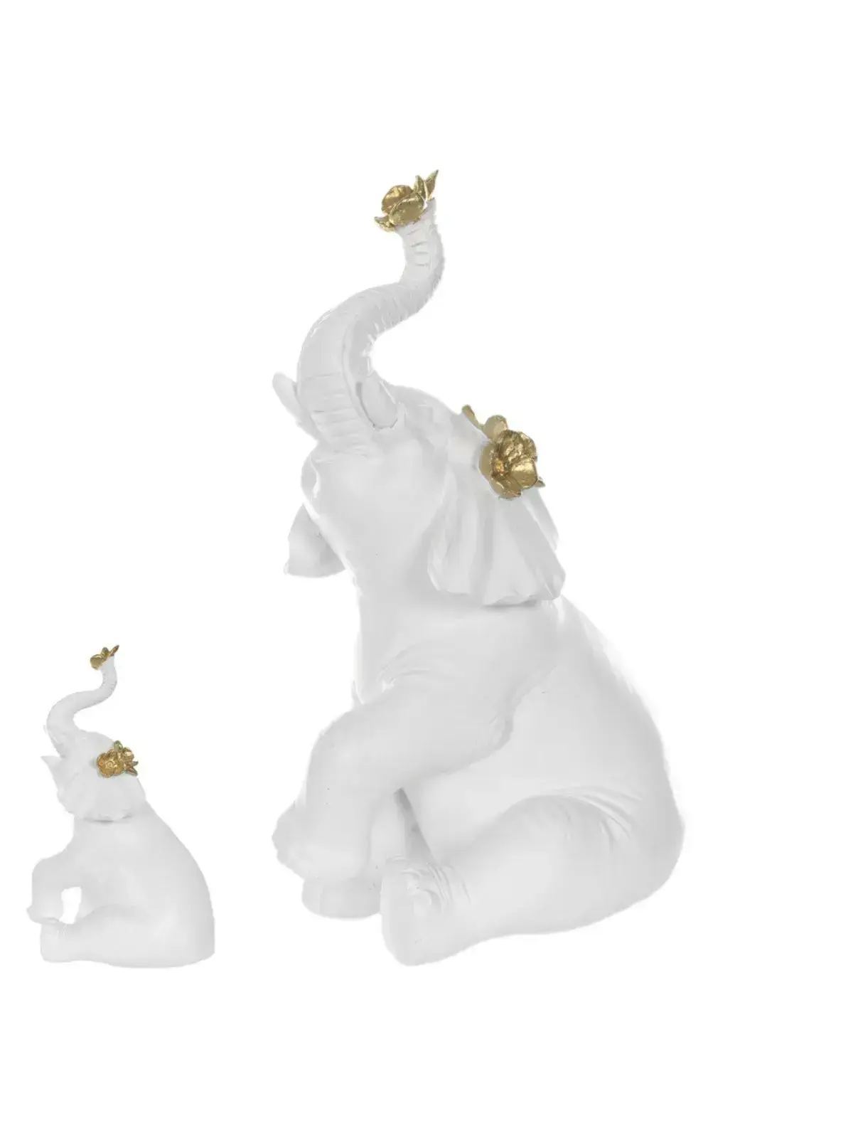 Escultura Decorativa Elefante Sentado em Poliresina Branco/Dourado