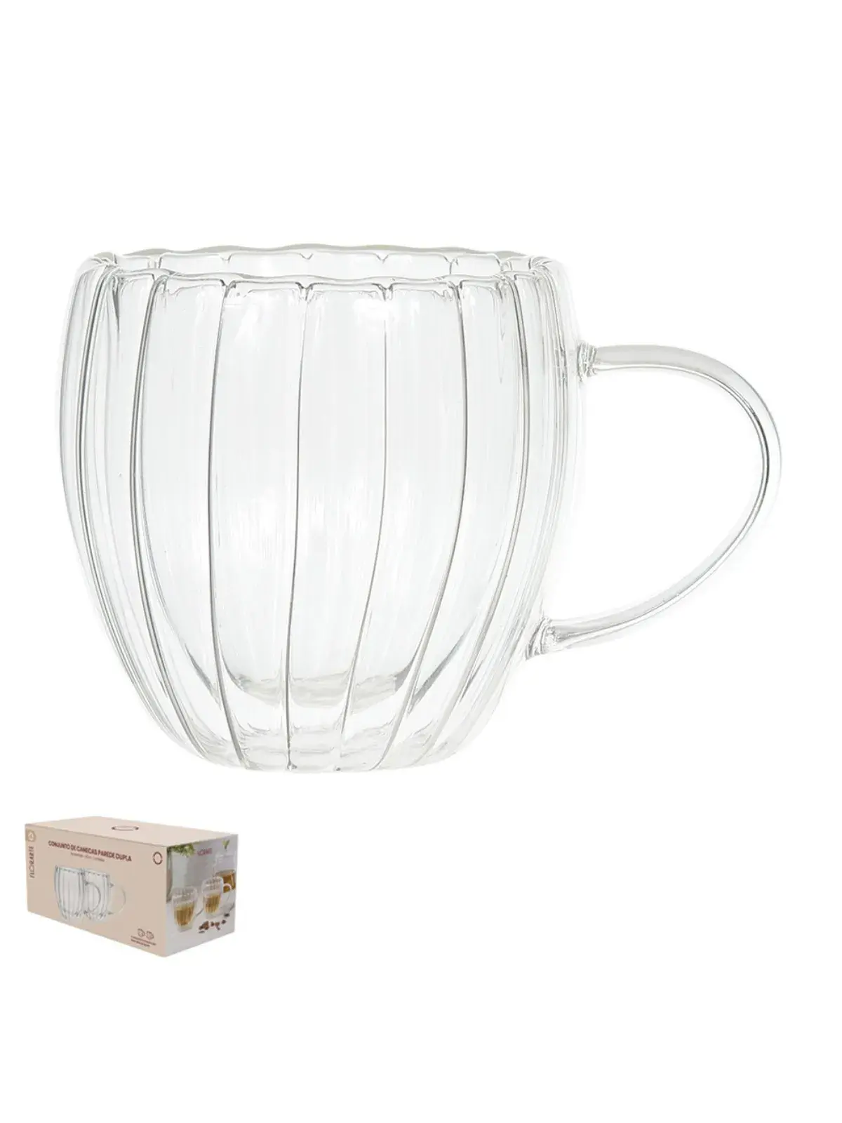 Conjunto 2 Xícaras Parede Dupla Vidro Borosilicato 250ml Canelada 
