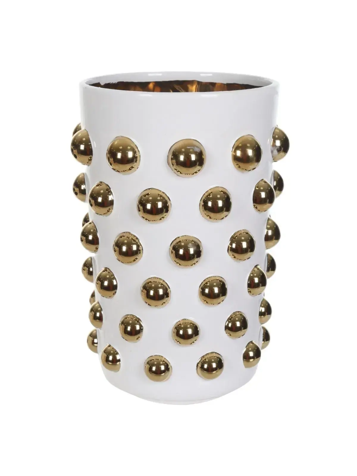 Vaso Decorativo Cerâmica Balls - Branco e Esferas Douradas - 27 cm 