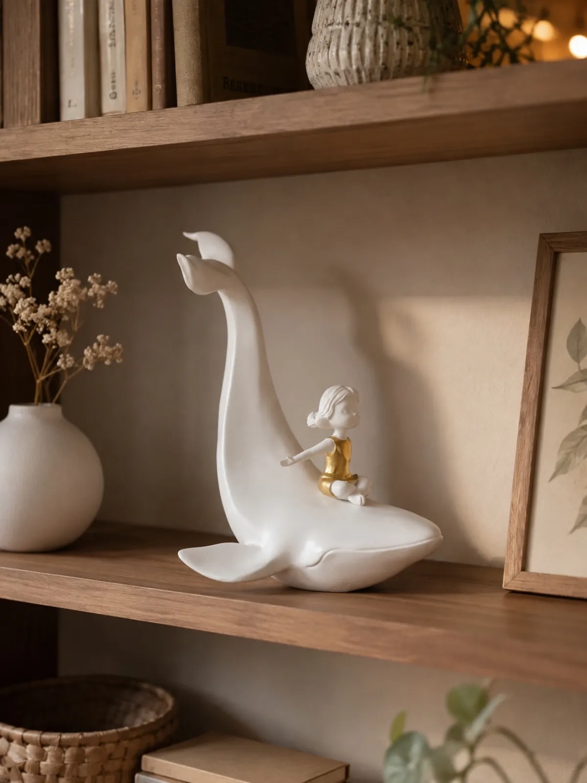 Escultura Decorativa Menina e Baleia em Poliresina 