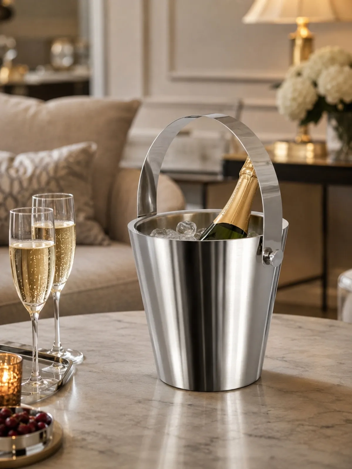 Balde Térmico Aço Inox com Alça Larga Champagne Prata