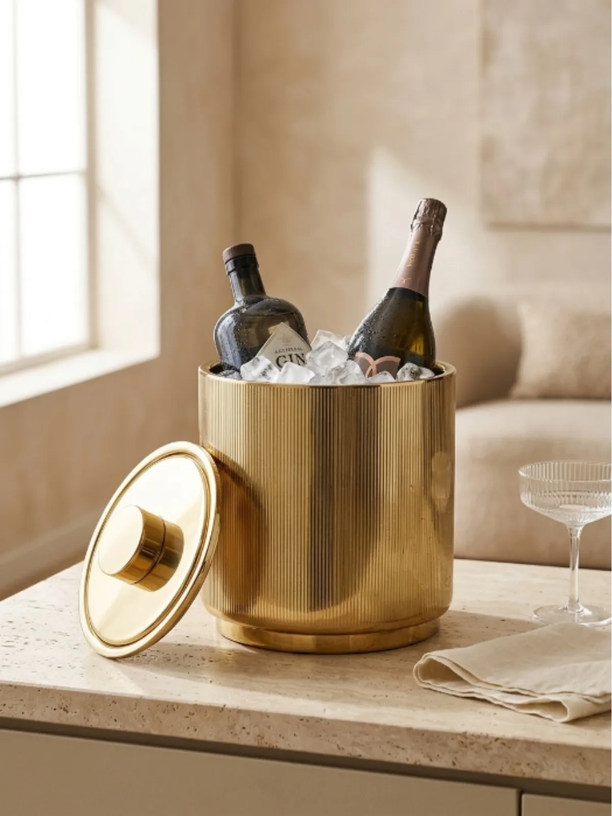 Balde de Gelo Aço Inox Canelado Dourado