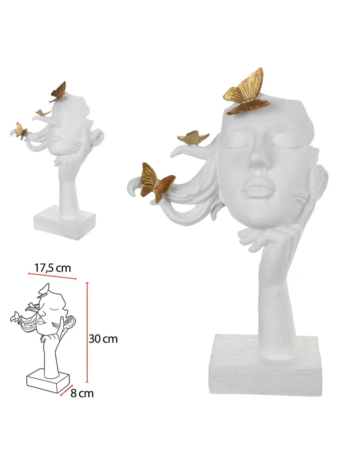 Escultura Decorativa Poliresina Rosto Branco/Dourado