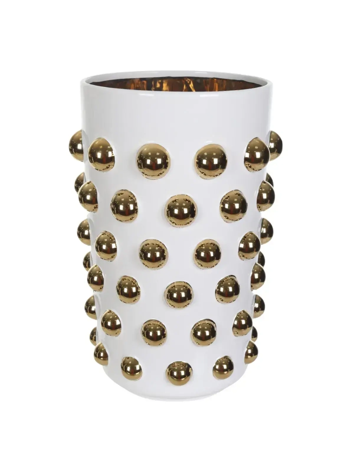 Vaso Decorativo Cerâmica Balls - Branco e Esferas Douradas - 36 cm 
