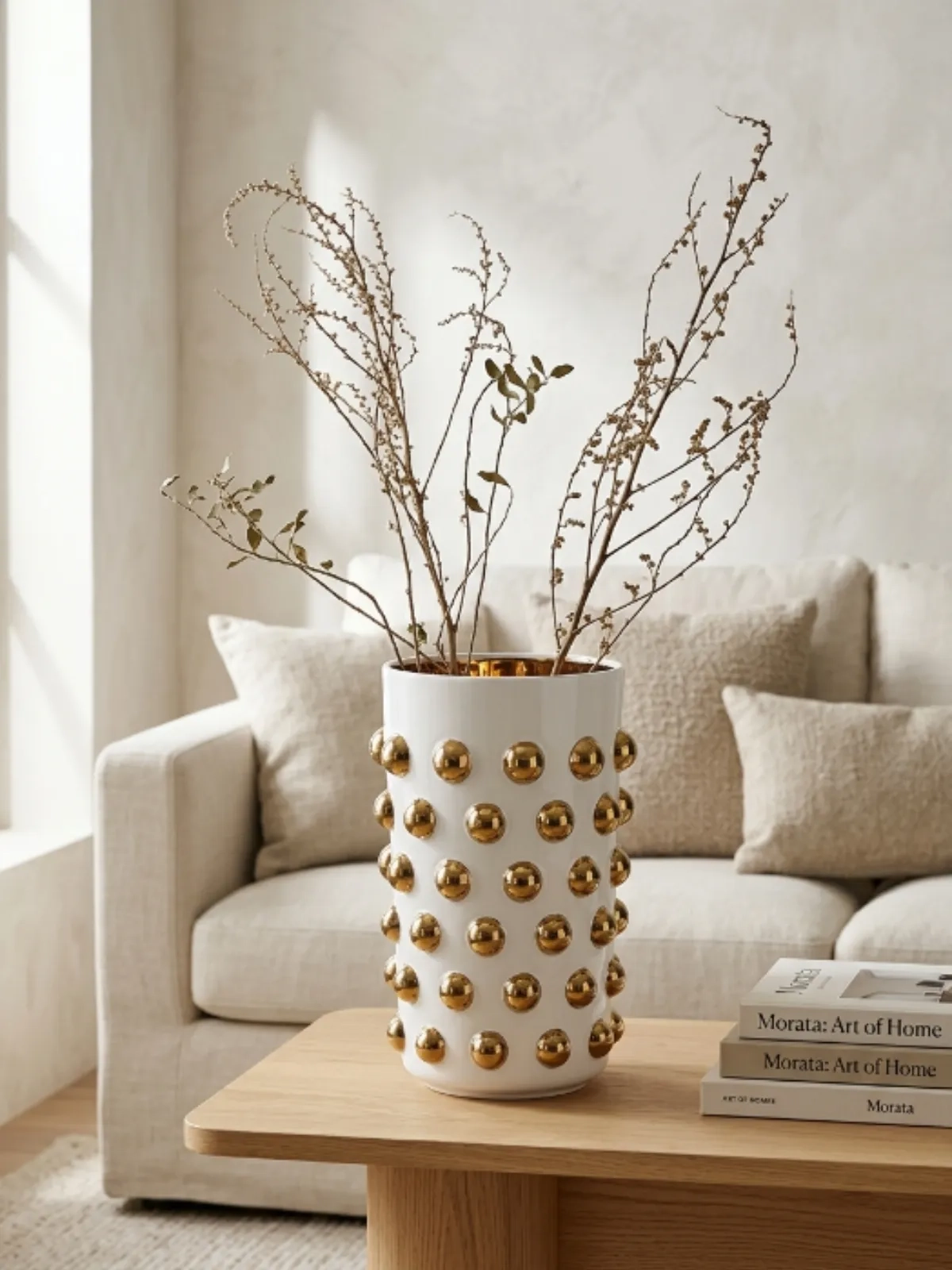 Vaso Decorativo Cerâmica Balls - Branco e Esferas Douradas - 36 cm 