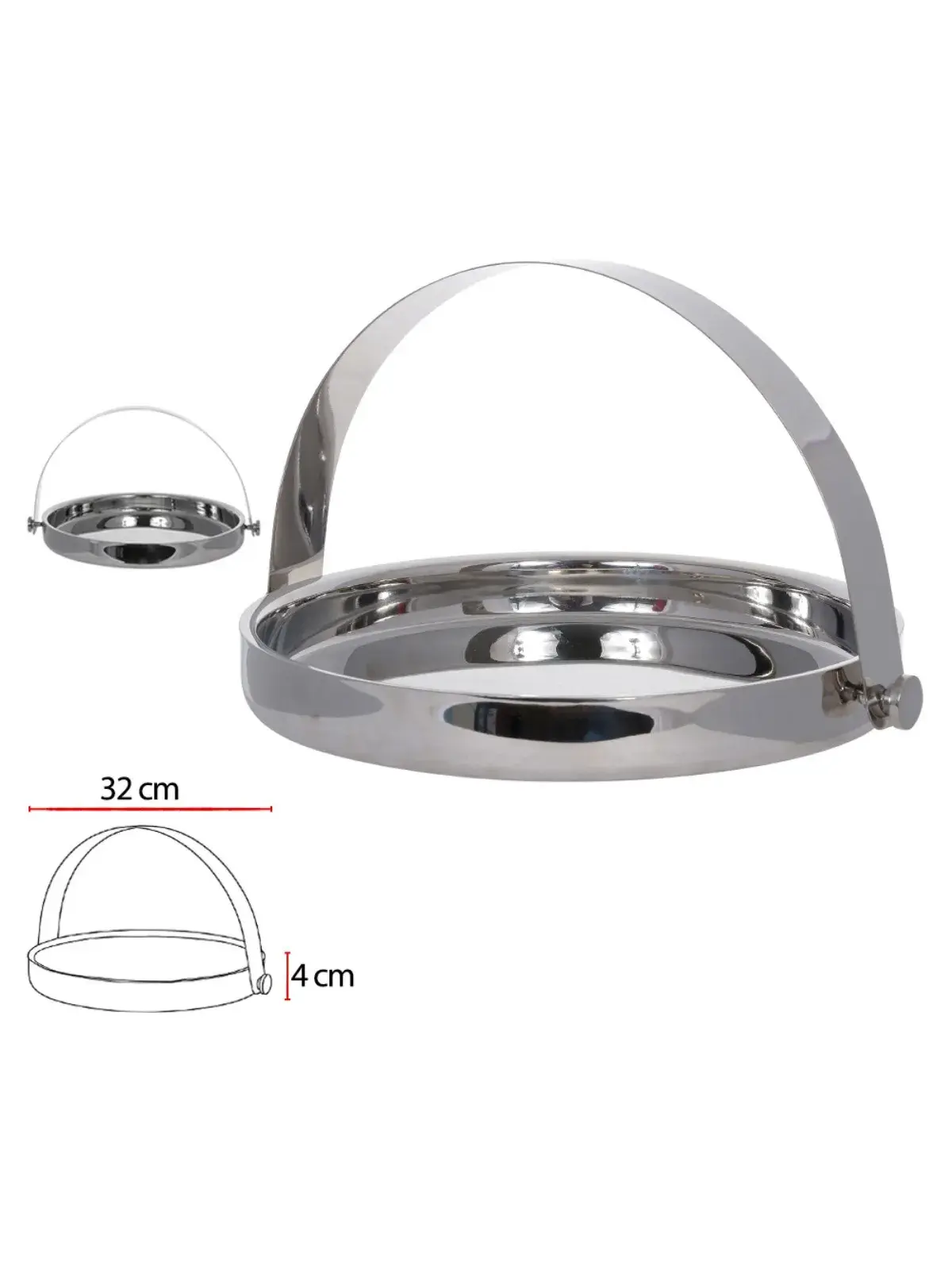 Bandeja Redonda com Alça Aço Inox 4 x 37 x 32 cm