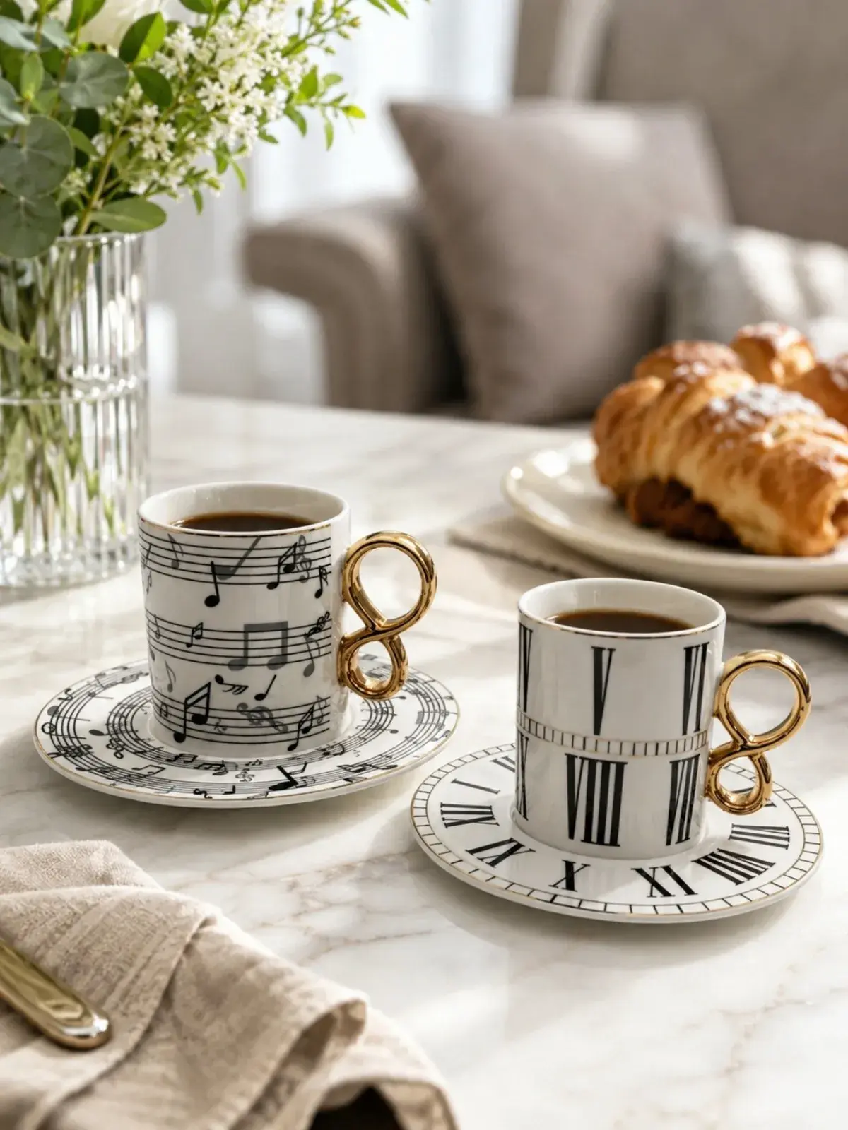 Jogo de 8 peças para Café Accord em New Bone China Bege/Preto/Dourado