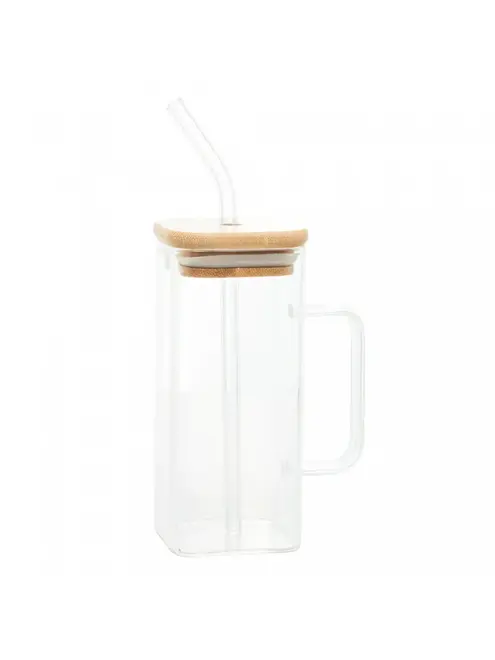 Caneca de Vidro com Canudo e Tampa de Bambu