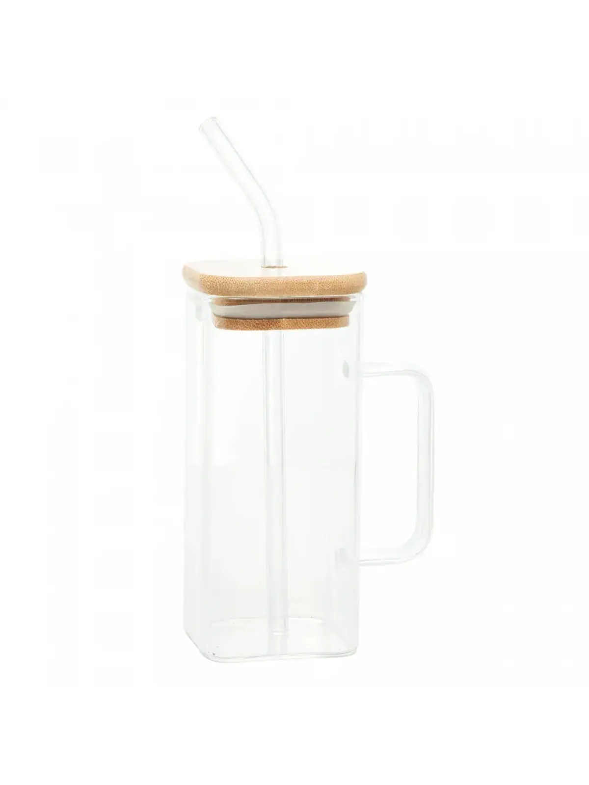 Caneca de Vidro com Canudo e Tampa de Bambu 