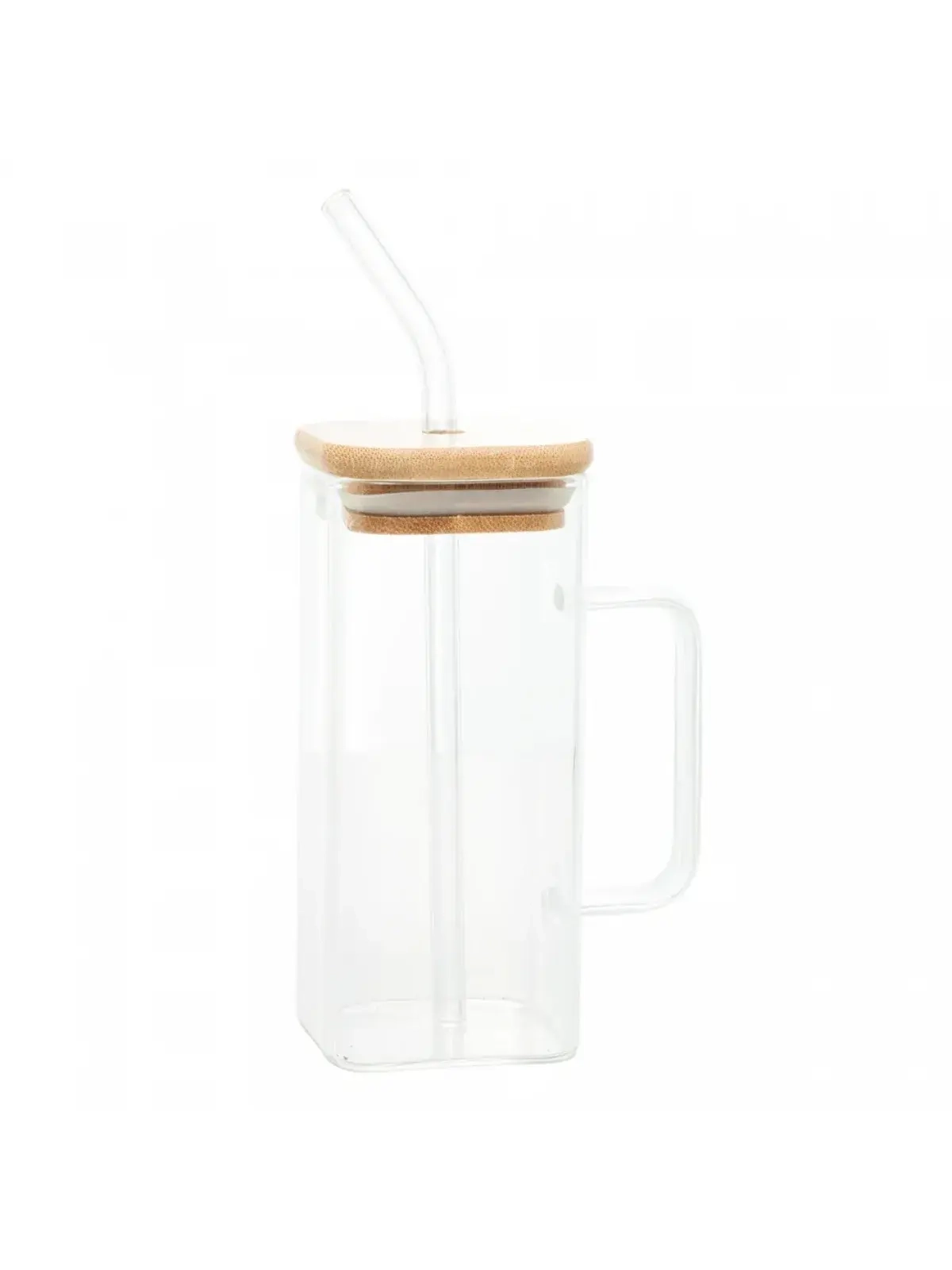 Caneca de Vidro com Canudo e Tampa de Bambu 