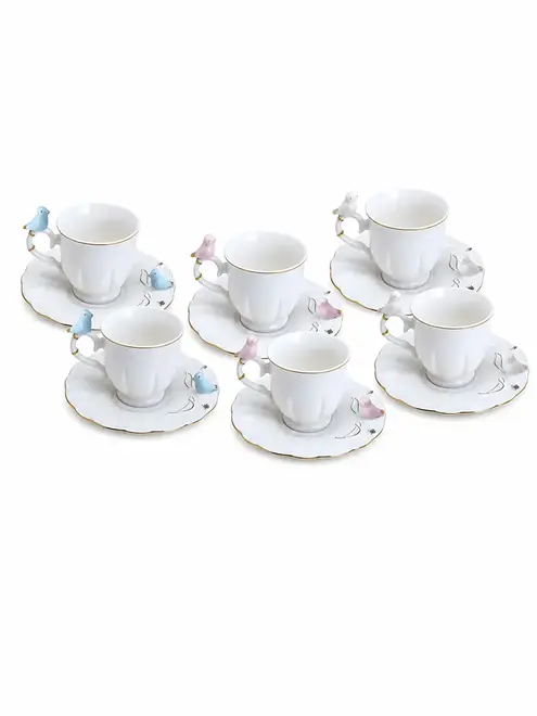 Jogo com 6 Xícaras de Café em Porcelana Birds Round Plate