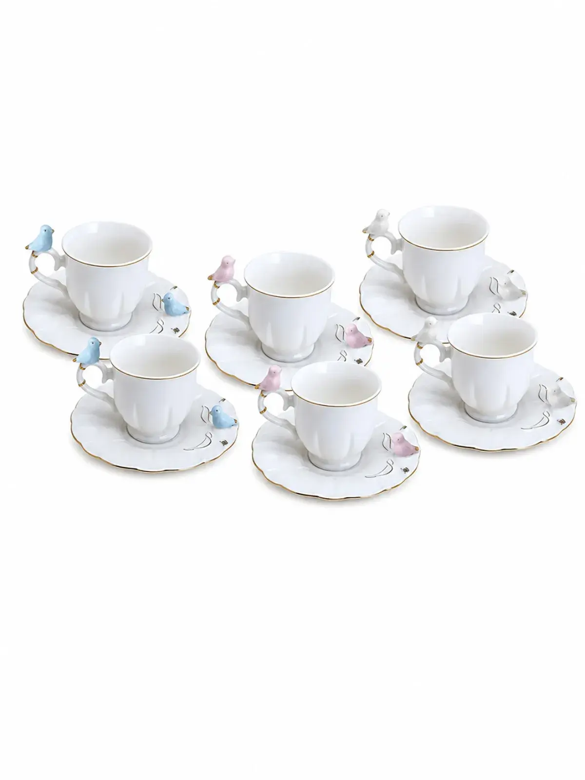 Jogo com 6 Xícaras de Café em Porcelana Birds Round Plate 100ml