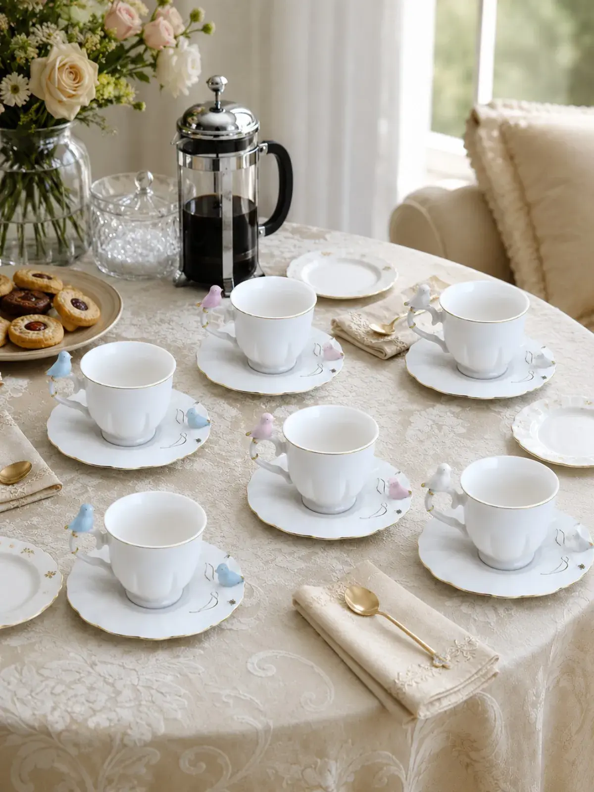 Jogo com 6 Xícaras de Café em Porcelana Birds Round Plate 100ml