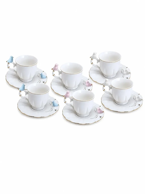 Jogo com 6 Xícaras de Café em Porcelana Birds Round Plate - 100ml