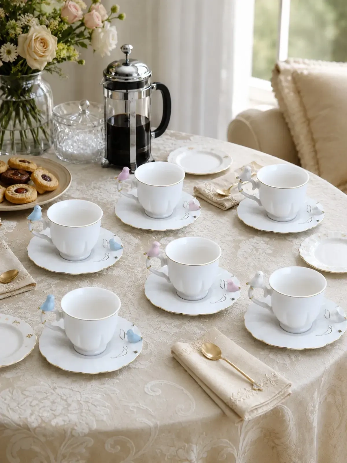 Jogo com 6 Xícaras de Café em Porcelana Birds Round Plate - 100ml 
