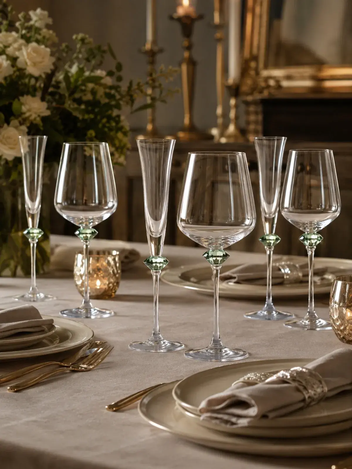 Taça Champagne com Haste Lapidada Diamond Verde