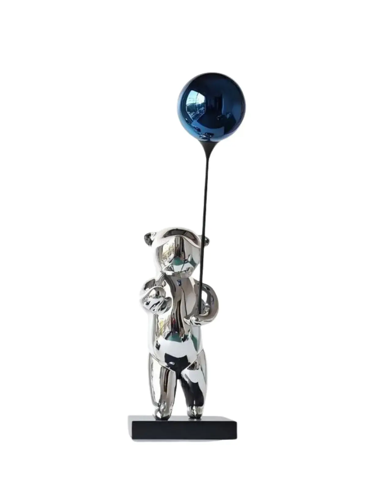 Escultura Decorativa  Urso Cromado com Balão em Resina com Base em Metal 42x12x22
