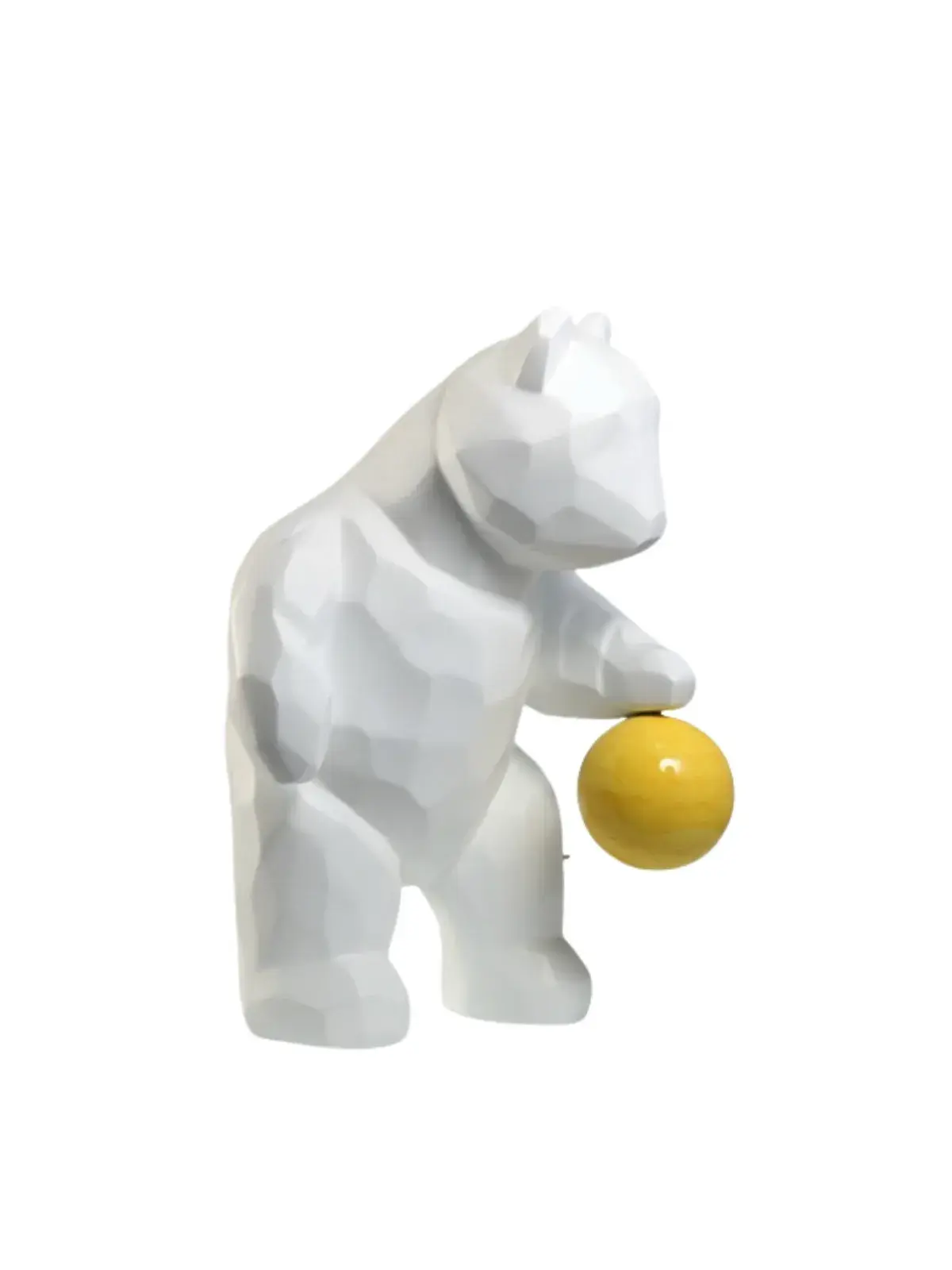 Escultura Decorativa em Resina Urso Geométrico com Esfera Branco/Amarelo