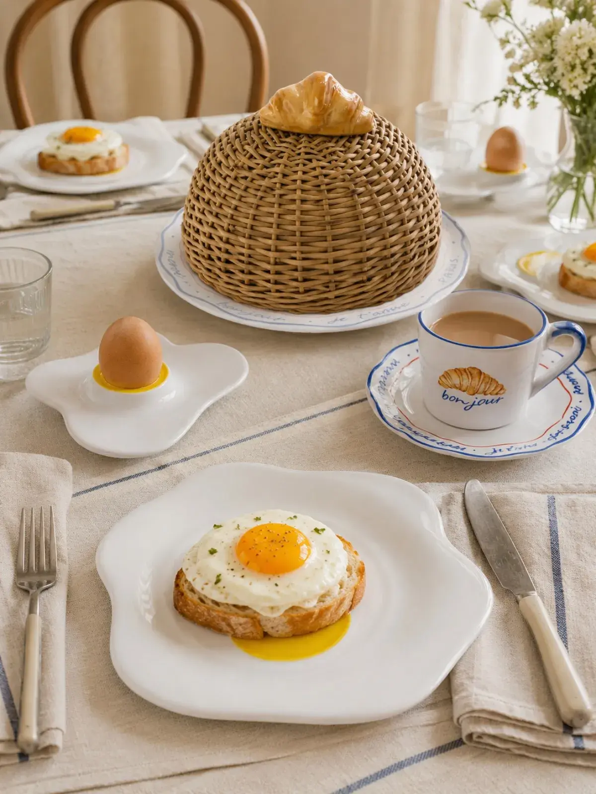 Prato Ovo Frito em Cerâmica Coleção Bonjour Croissant - Pintado a Mão 