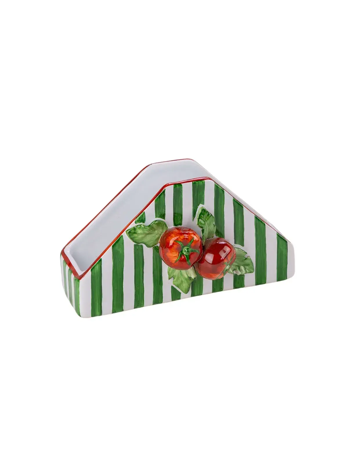Suporte para Guardanapo Tomate em Cerâmica Coleção Gourmet Itália - Pintado a Mão Verde