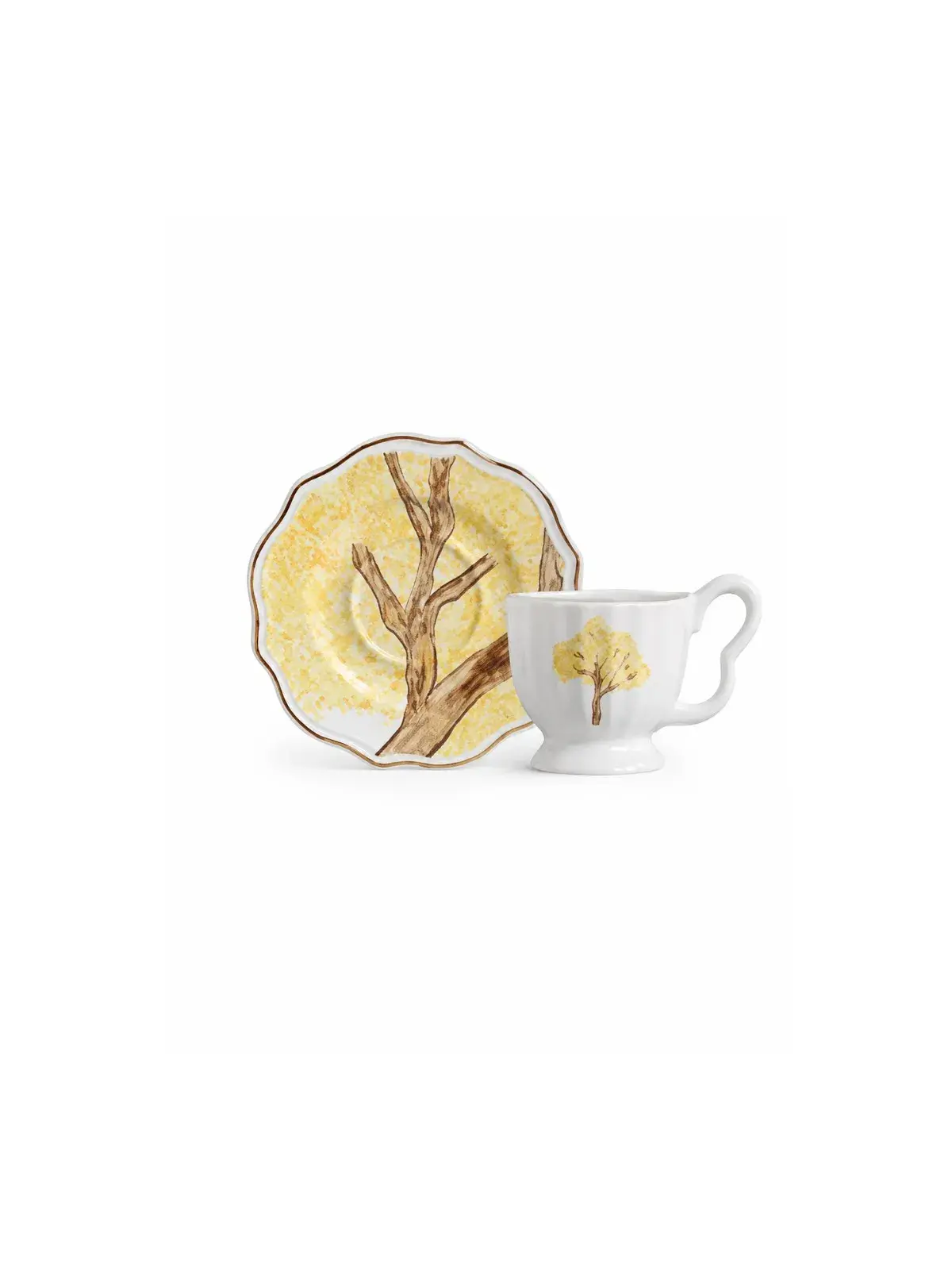 Conjunto de 6 Xícaras de Café com Pires em Cerâmica Ipê Amarelo com Filete de Ouro 