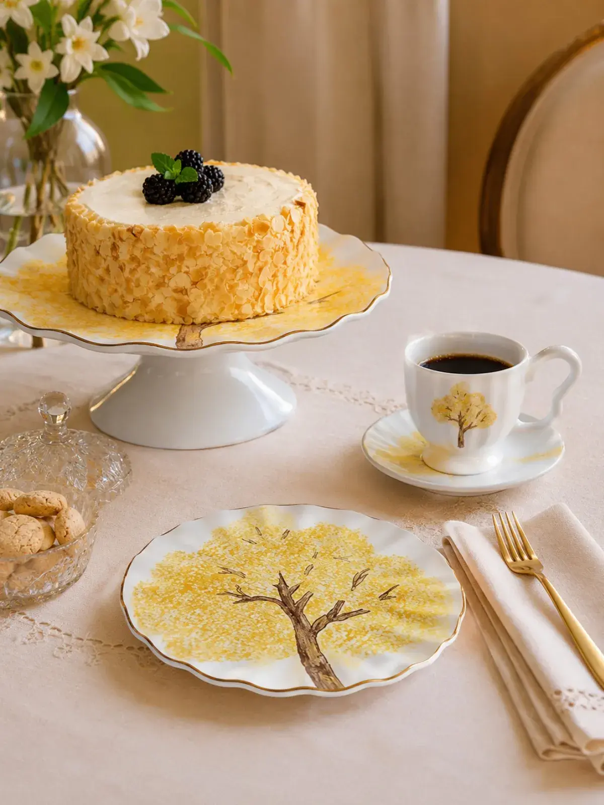 Conjunto de 6 Xícaras de Café com Pires em Cerâmica Ipê Amarelo com Filete de Ouro 