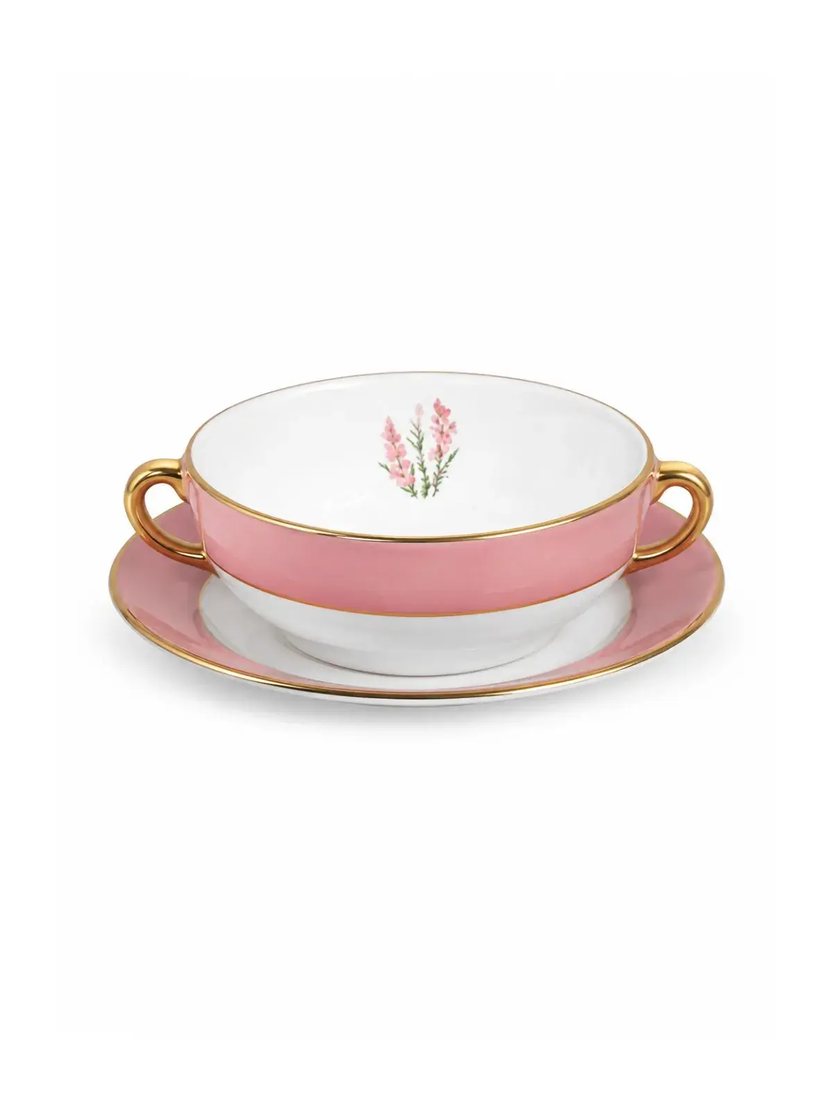 Sopeira com Pires em Cerâmica Boca de Leão - Rosa com Filete de Ouro 