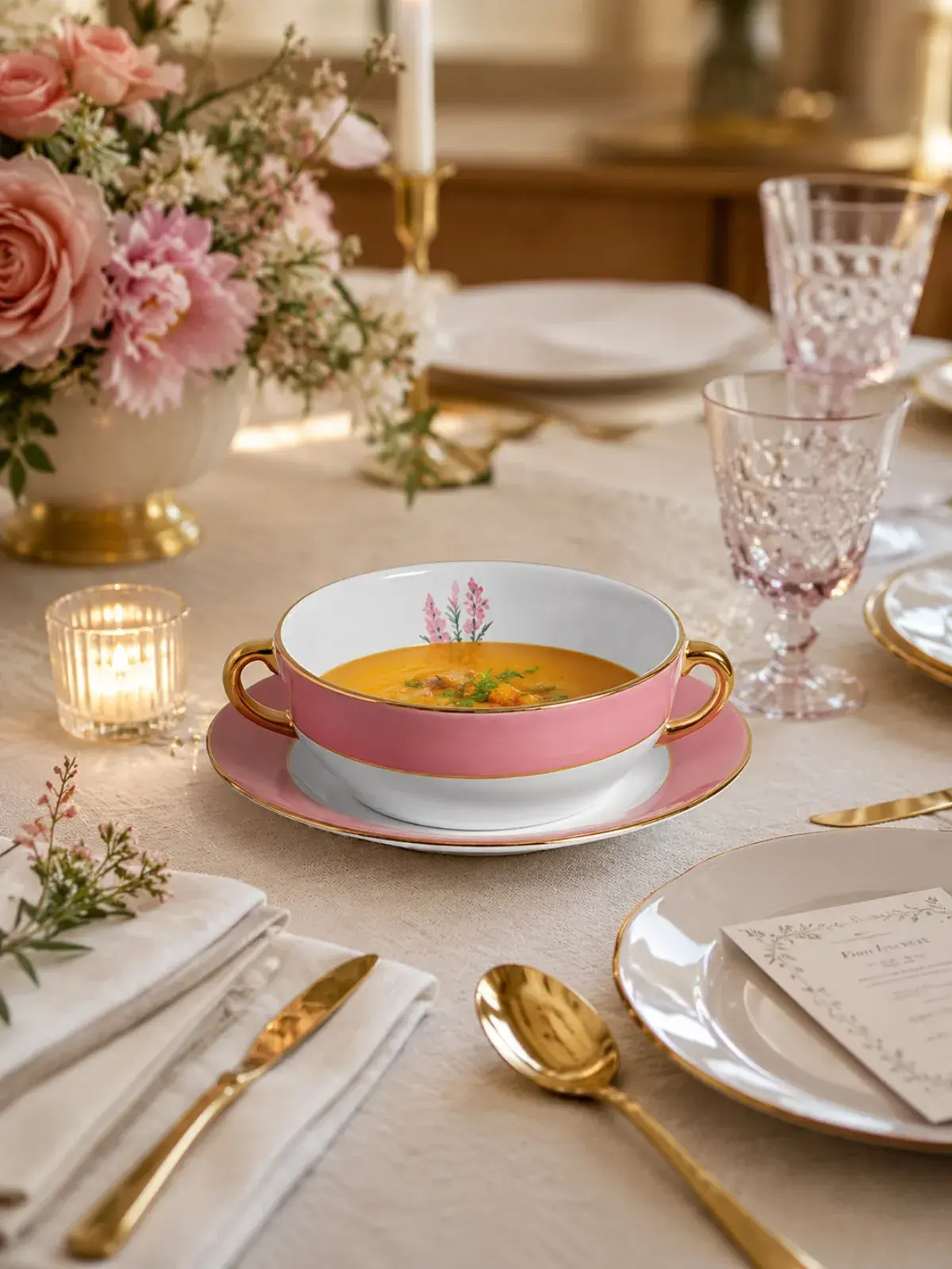 Sopeira com Pires em Cerâmica Boca de Leão - Rosa com Filete de Ouro 