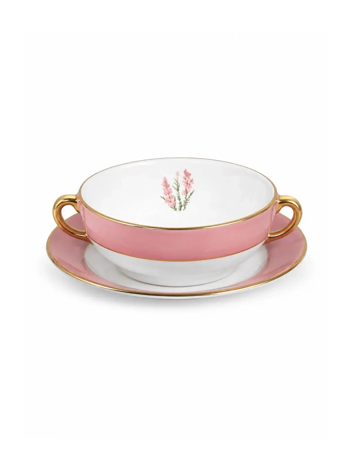 Sopeira com Pires em Cerâmica Boca de Leão - Rosa com Filete de Ouro 