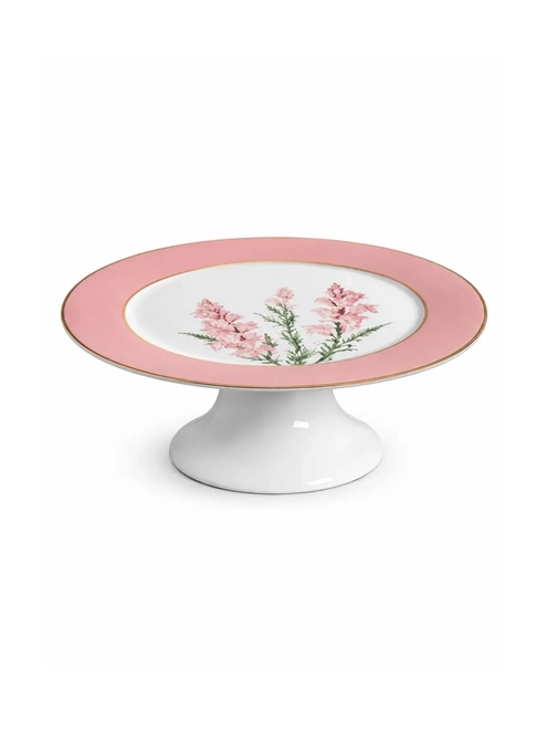 Prato de Bolo com Pé em Cerâmica Boca de Leão - Rosa com Filete de Ouro