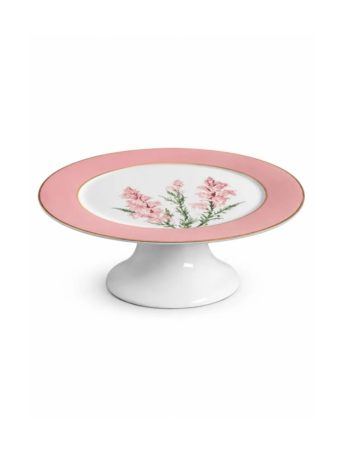 Prato de Bolo com Pé em Cerâmica Boca de Leão - Rosa com Filete de Ouro 