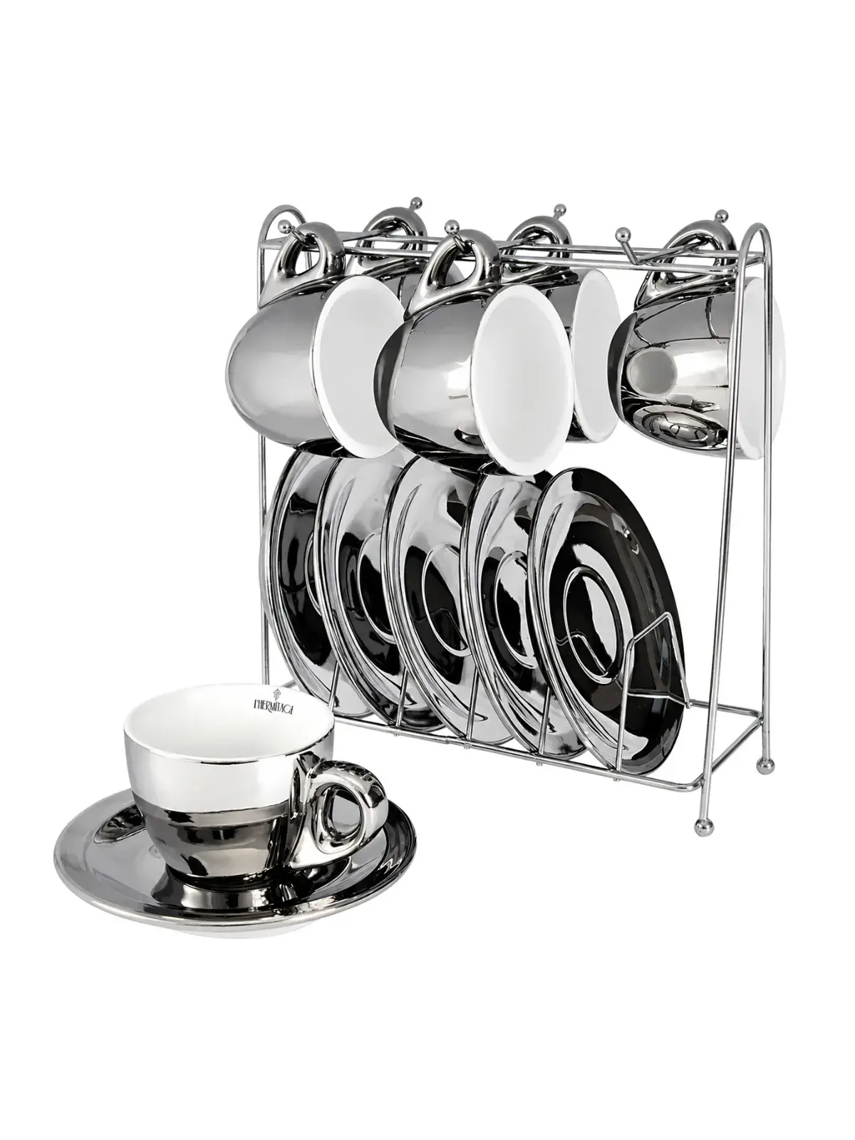 Jogo de 12 peças para Café Chrominno em New Bone China com Rack Prata 80ml
