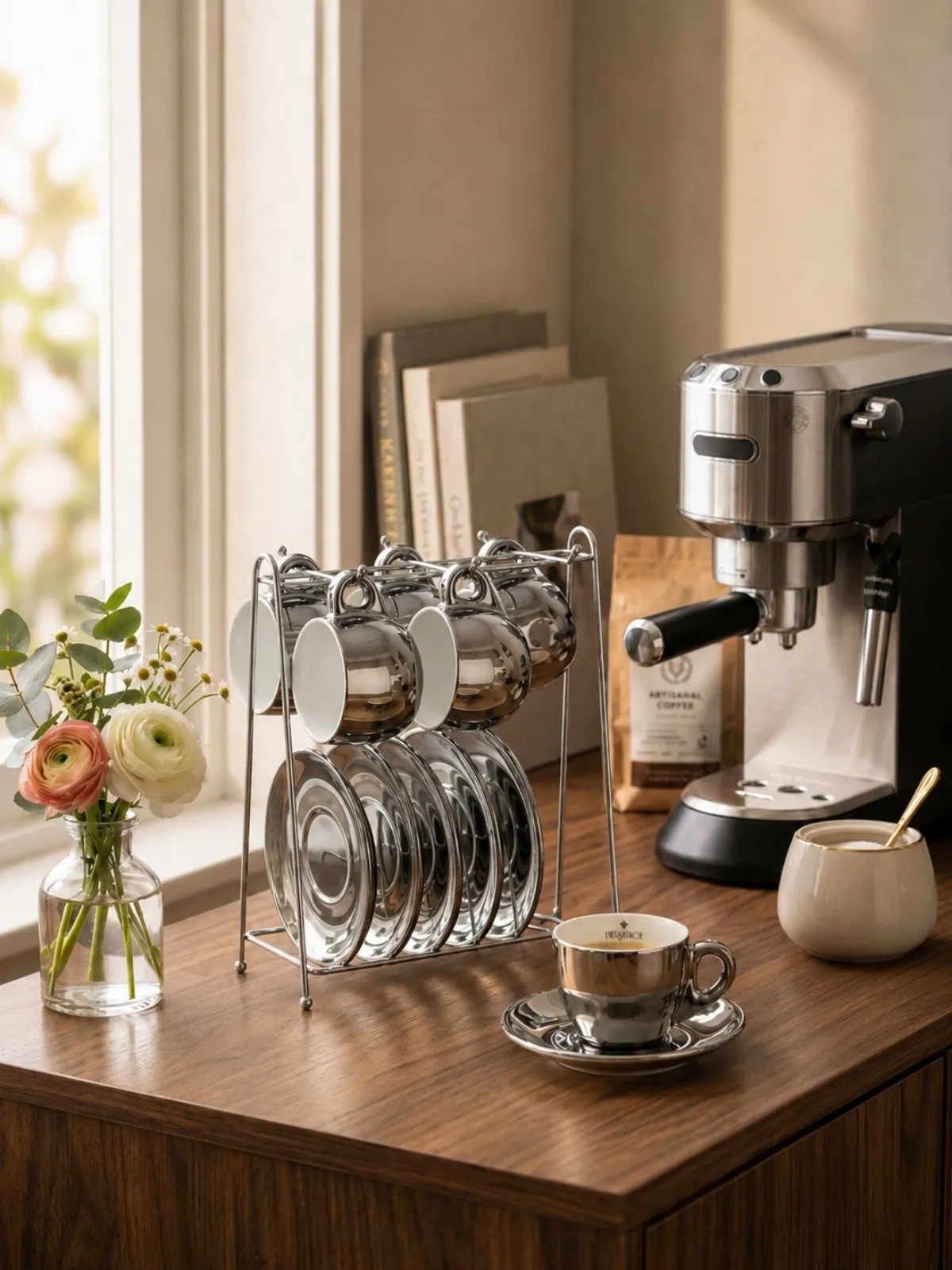 Jogo de 12 peças para Café Chrominno em New Bone China com Rack Prata - 80ml 