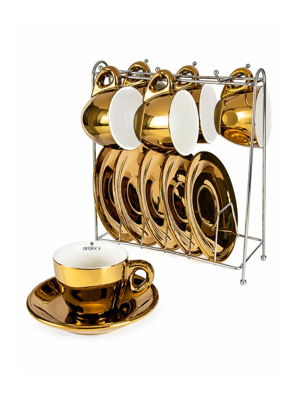 Jogo de 12 Peças para Café Chrominno em New Bone China com Rack Dourado 80ml