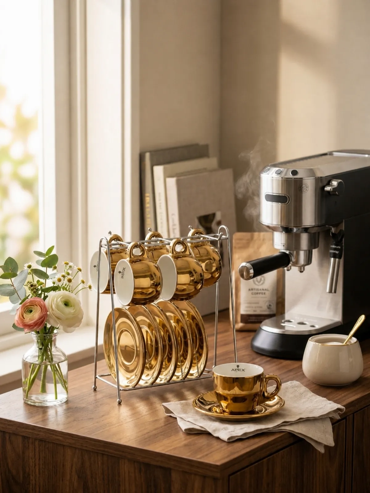 Jogo de 12 Peças para Café Chrominno em New Bone China com Rack Dourado - 80ml 