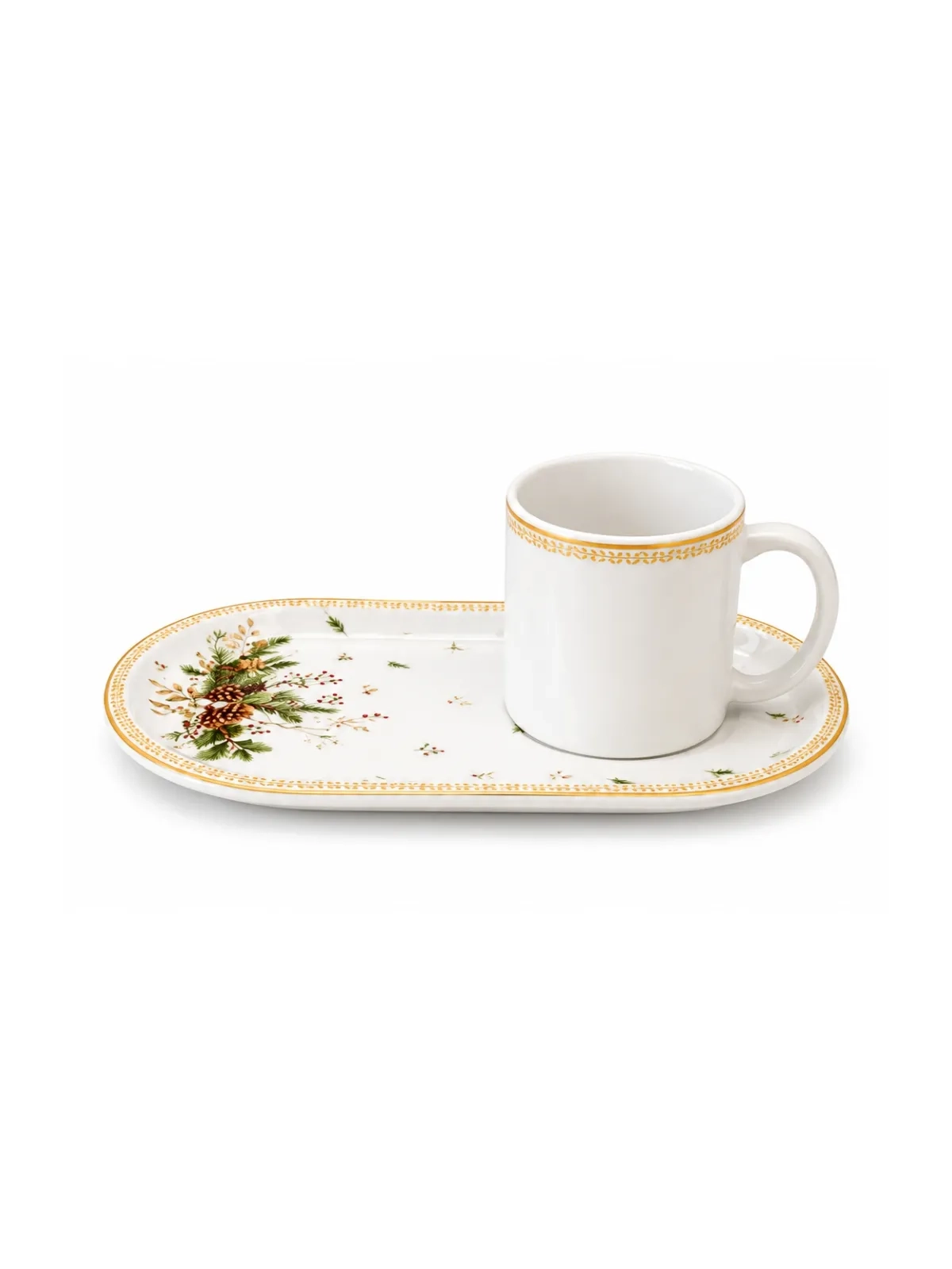 Prato de Lanche e Caneca 380ml Aquarelle Classic Pinhas 